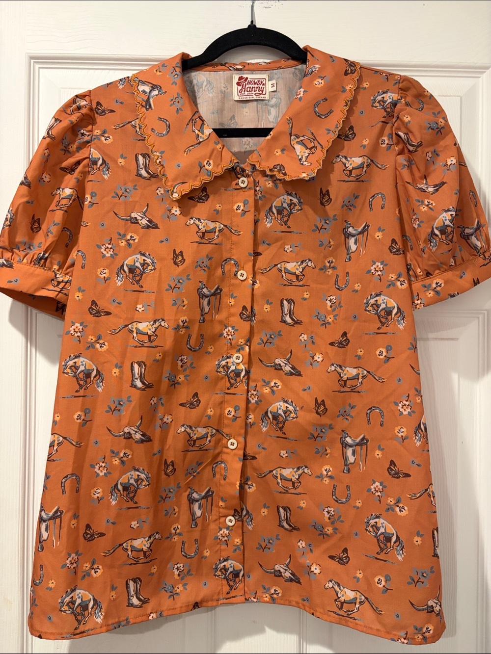 Women's Howdy Hanny Ranch Girl DreamsOrange Western-Print Button Front Blouse